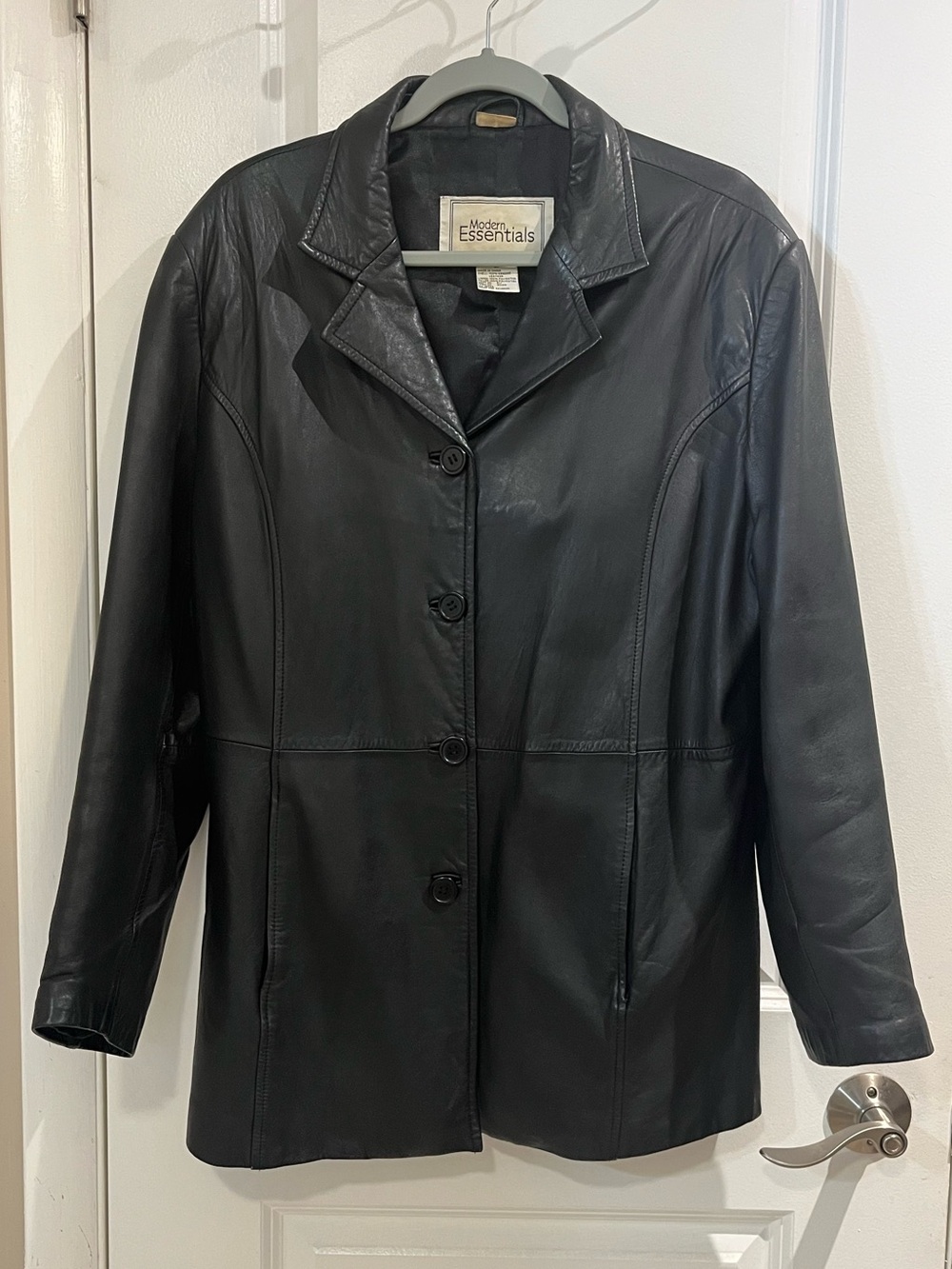 Vintage 90's Modern Essentials Genuine Leather 4 Button Blazer Jacket Sz L Black